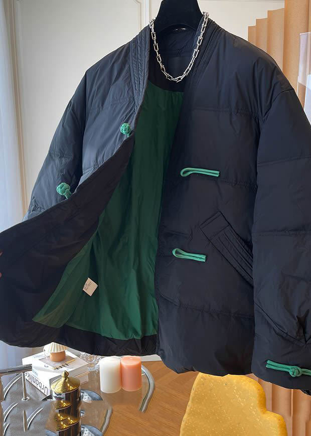 Women Black V Neck Oversized Oriental Button Fine Cotton Filled Jackets Winter - Down Jackets - DYAVOR®