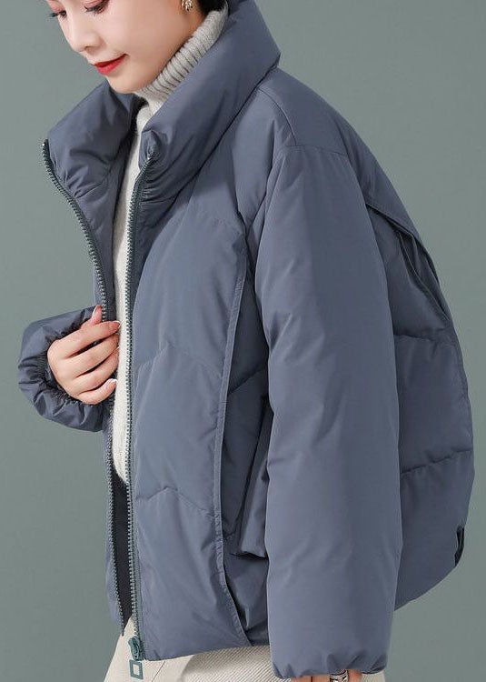 Women Blue Stand Collar Zip Up Solid Duck Down Jackets Long Sleeve - Down Jackets - DYAVOR®