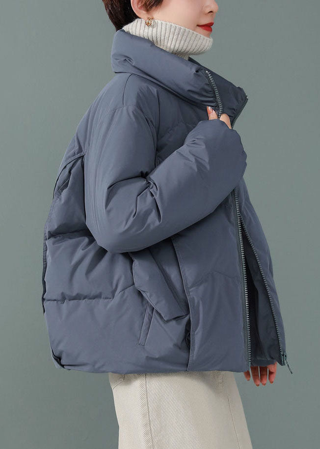 Women Blue Stand Collar Zip Up Solid Duck Down Jackets Long Sleeve - Down Jackets - DYAVOR®
