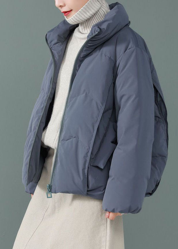 Women Blue Stand Collar Zip Up Solid Duck Down Jackets Long Sleeve - Down Jackets - DYAVOR®