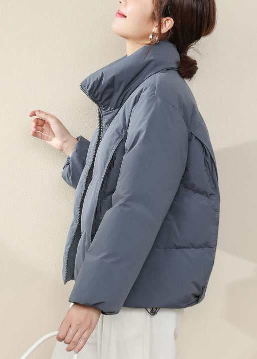 Women Blue Stand Collar Zip Up Solid Duck Down Jackets Long Sleeve - Down Jackets - DYAVOR®