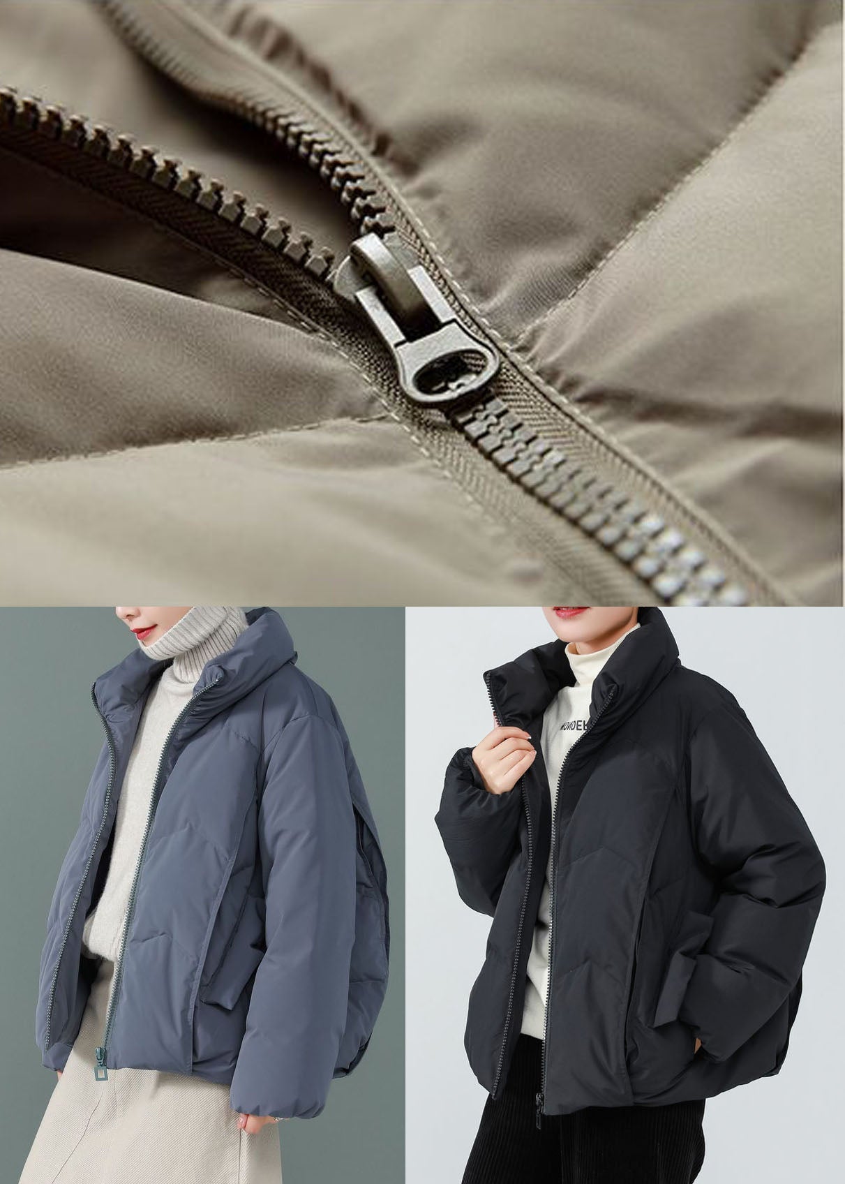 Women Blue Stand Collar Zip Up Solid Duck Down Jackets Long Sleeve - Down Jackets - DYAVOR®