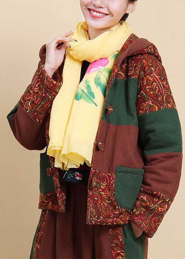 Women Brown Hooded Pockets Patchwork Fine Cotton Filled Parkaer Winter - Down Jackets - DYAVOR®