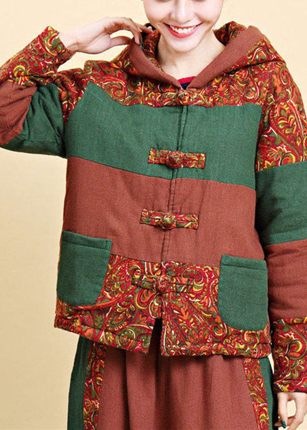 Women Brown Hooded Pockets Patchwork Fine Cotton Filled Parkaer Winter - Down Jackets - DYAVOR®