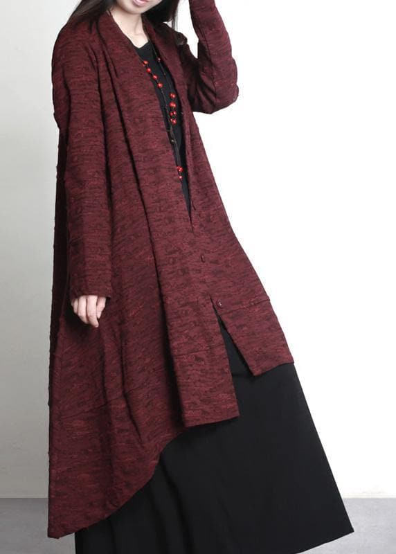 Women Burgundy Jacquard Plus Size Clothes Large Hem Outwear - Trench coats - DYAVOR®