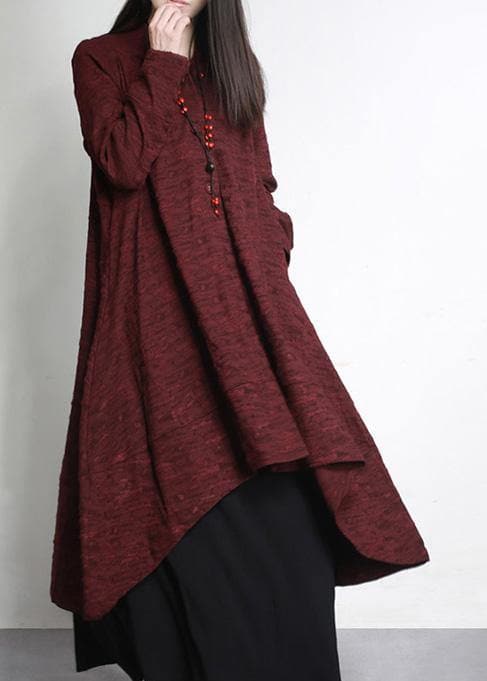 Women Burgundy Jacquard Plus Size Clothes Large Hem Outwear - Trench coats - DYAVOR®