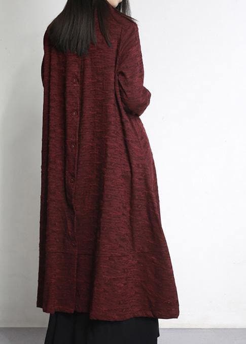 Women Burgundy Jacquard Plus Size Clothes Large Hem Outwear - Trench coats - DYAVOR®