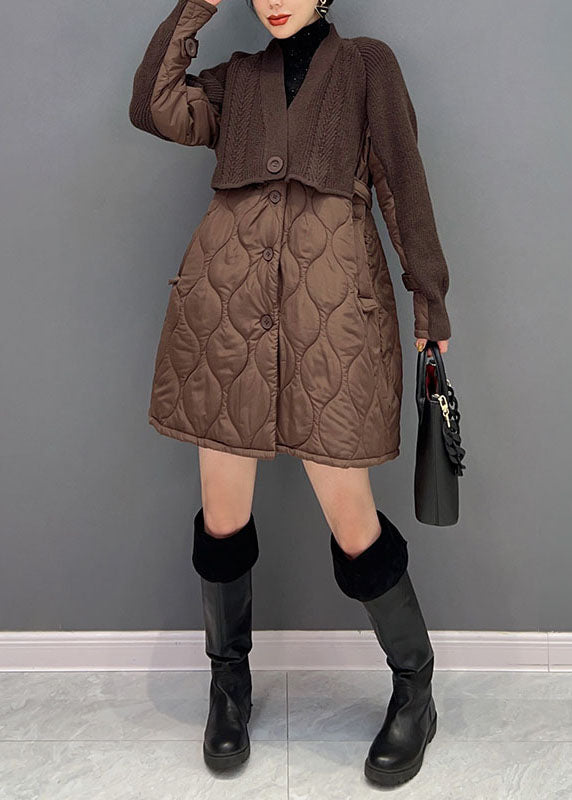 Women Chocolate V Neck Knit Patchwork Cotton Filled coats Winter - Down Jackets - DYAVOR®