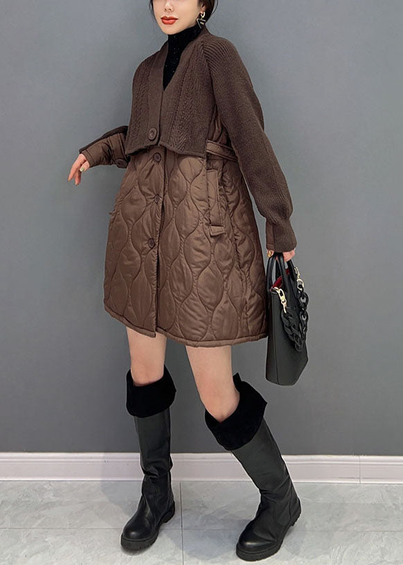 Women Chocolate V Neck Knit Patchwork Cotton Filled coats Winter - Down Jackets - DYAVOR®