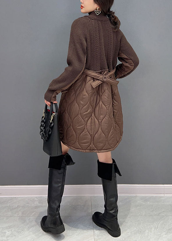 Women Chocolate V Neck Knit Patchwork Cotton Filled coats Winter - Down Jackets - DYAVOR®