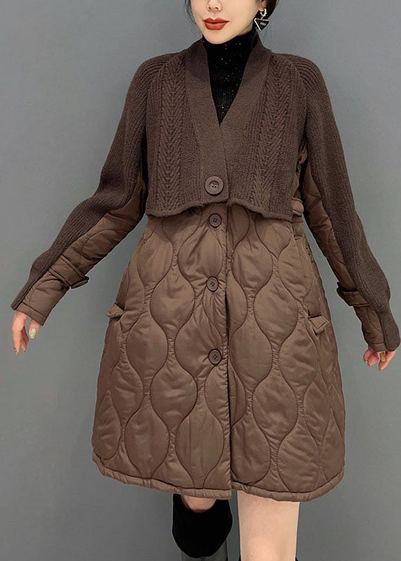 Women Chocolate V Neck Knit Patchwork Cotton Filled coats Winter - Down Jackets - DYAVOR®