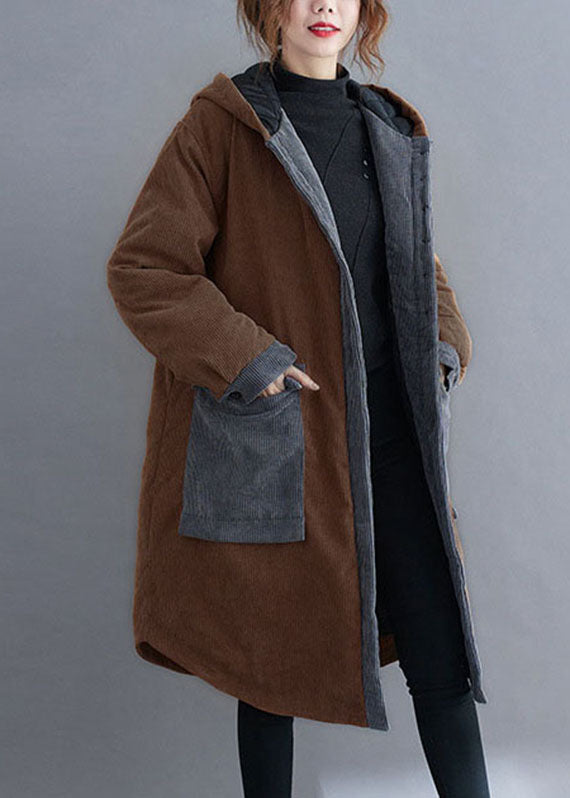 Plus Size Red hooded Button Corduroy Winter Cotton Long Coat sleeve - Down Jackets - DYAVOR®