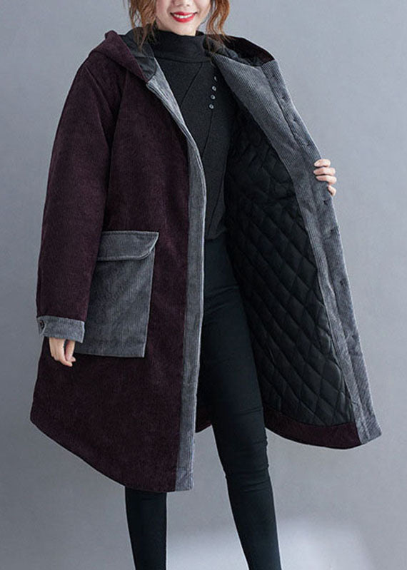 Plus Size Red hooded Button Corduroy Winter Cotton Long Coat sleeve - Down Jackets - DYAVOR®