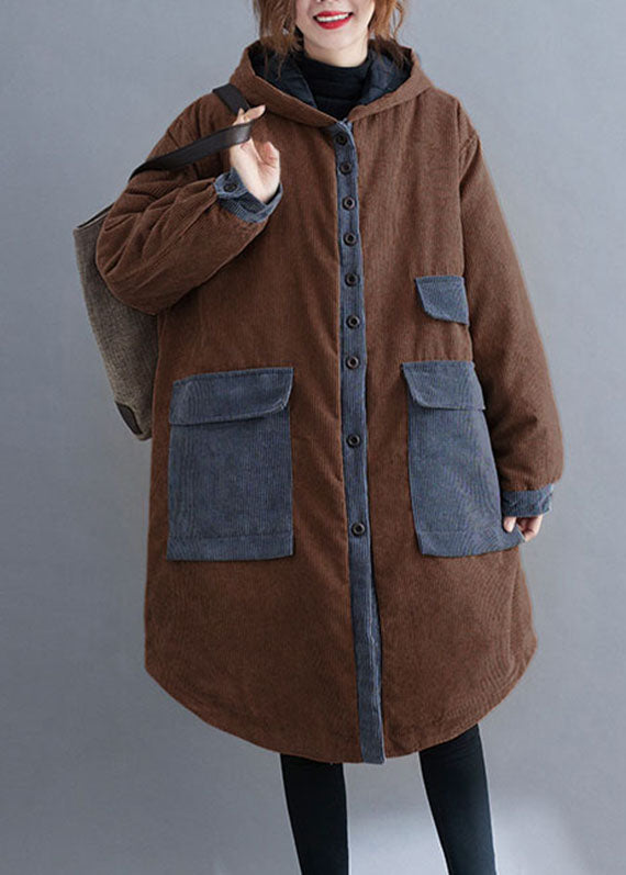 Plus Size Red hooded Button Corduroy Winter Cotton Long Coat sleeve - Down Jackets - DYAVOR®
