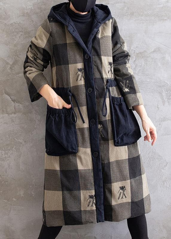 Women Gray Plaid Overcoat Hooded Drawstring Coats - Trench coats - DYAVOR®