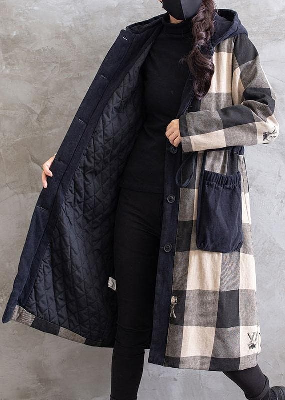 Women Gray Plaid Overcoat Hooded Drawstring Coats - Trench coats - DYAVOR®
