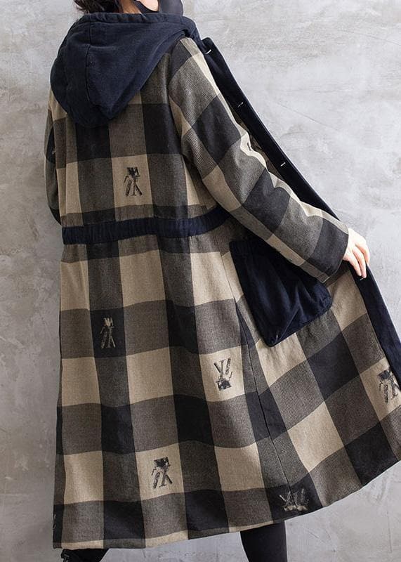 Women Gray Plaid Overcoat Hooded Drawstring Coats - Trench coats - DYAVOR®