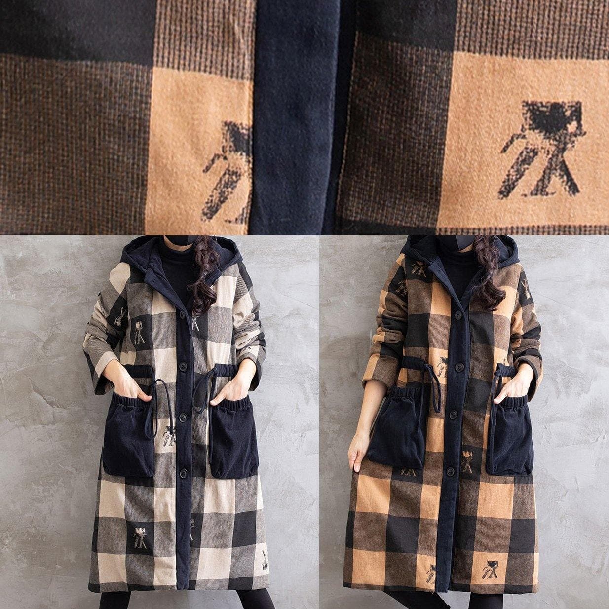 Women Gray Plaid Overcoat Hooded Drawstring Coats - Trench coats - DYAVOR®