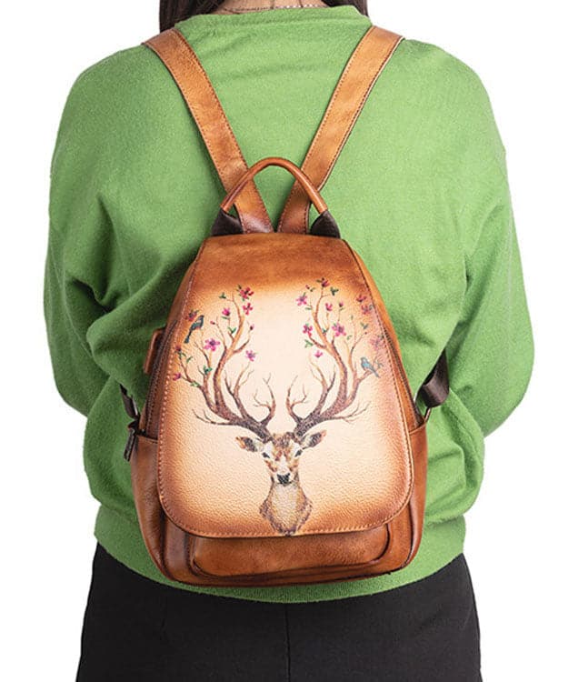 Women Green Print Paitings Calf Leather Backpack Bag - Backpack Bag - DYAVOR®