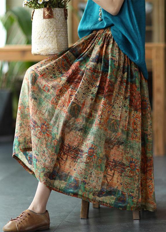 Women Green Print Ramie Elastic Waist Skirt - Skirts - DYAVOR®