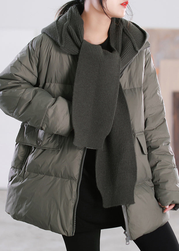 Women Grey Green Zippered Patchwork Removable Hooded Duck Down Down Coats Winter - Down Jackets - DYAVOR®