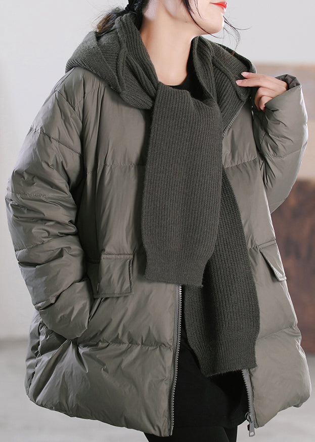 Women Grey Green Zippered Patchwork Removable Hooded Duck Down Down Coats Winter - Down Jackets - DYAVOR®