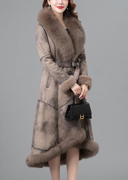 Women Khaki Fur collar Sashes Pockets Patchwork Leather And Fur Parkas In Winter - Down Jackets - DYAVOR®