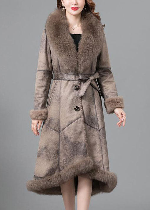 Women Khaki Fur collar Sashes Pockets Patchwork Leather And Fur Parkas In Winter - Down Jackets - DYAVOR®