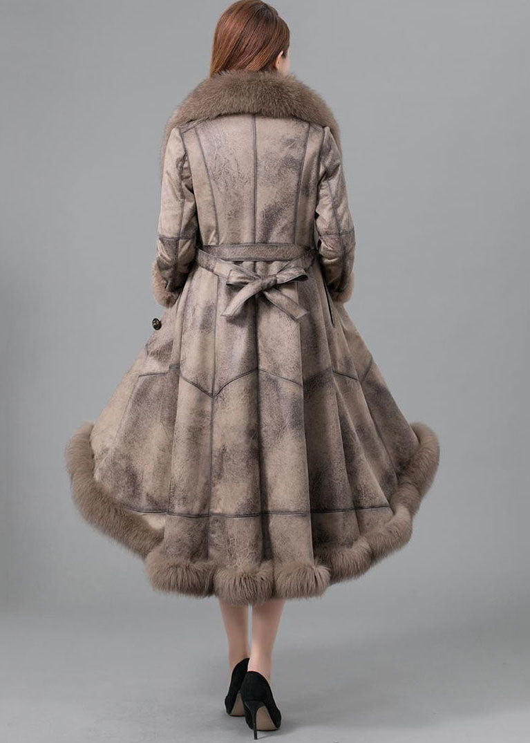Women Khaki Fur collar Sashes Pockets Patchwork Leather And Fur Parkas In Winter - Down Jackets - DYAVOR®