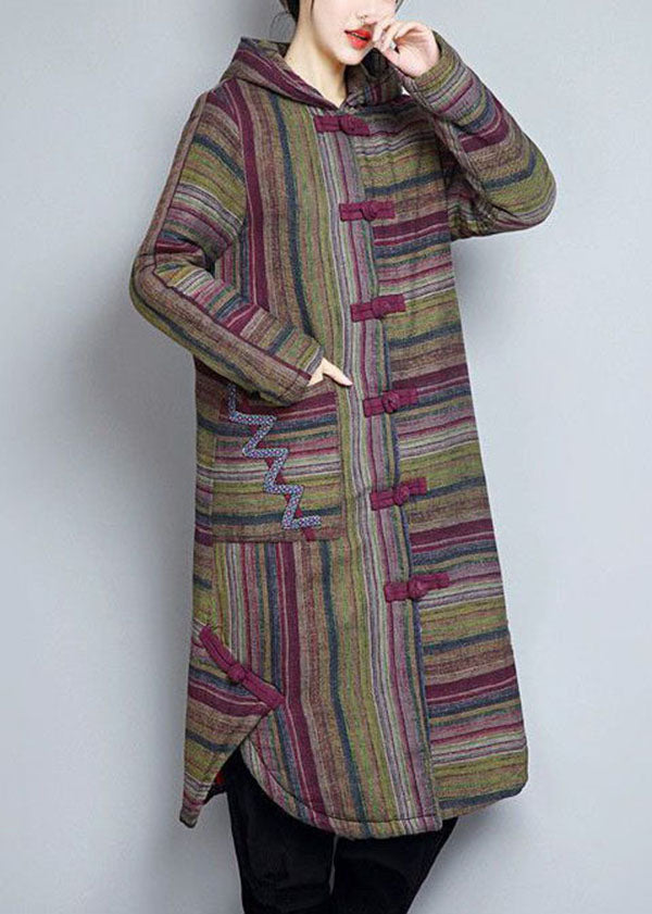 Women Khaki Hooded Pockets Striped Fine Cotton Filled Women Witner Coats - Down Jackets - DYAVOR®