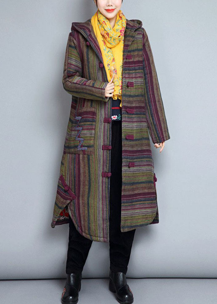 Women Khaki Hooded Pockets Striped Fine Cotton Filled Women Witner Coats - Down Jackets - DYAVOR®