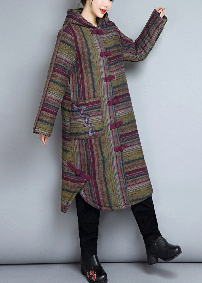 Women Khaki Hooded Pockets Striped Fine Cotton Filled Women Witner Coats - Down Jackets - DYAVOR®