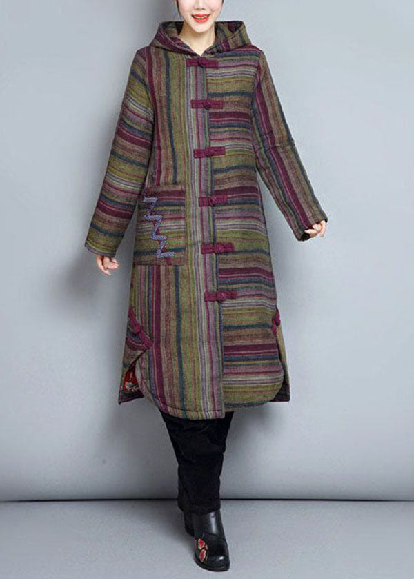 Women Khaki Hooded Pockets Striped Fine Cotton Filled Women Witner Coats - Down Jackets - DYAVOR®