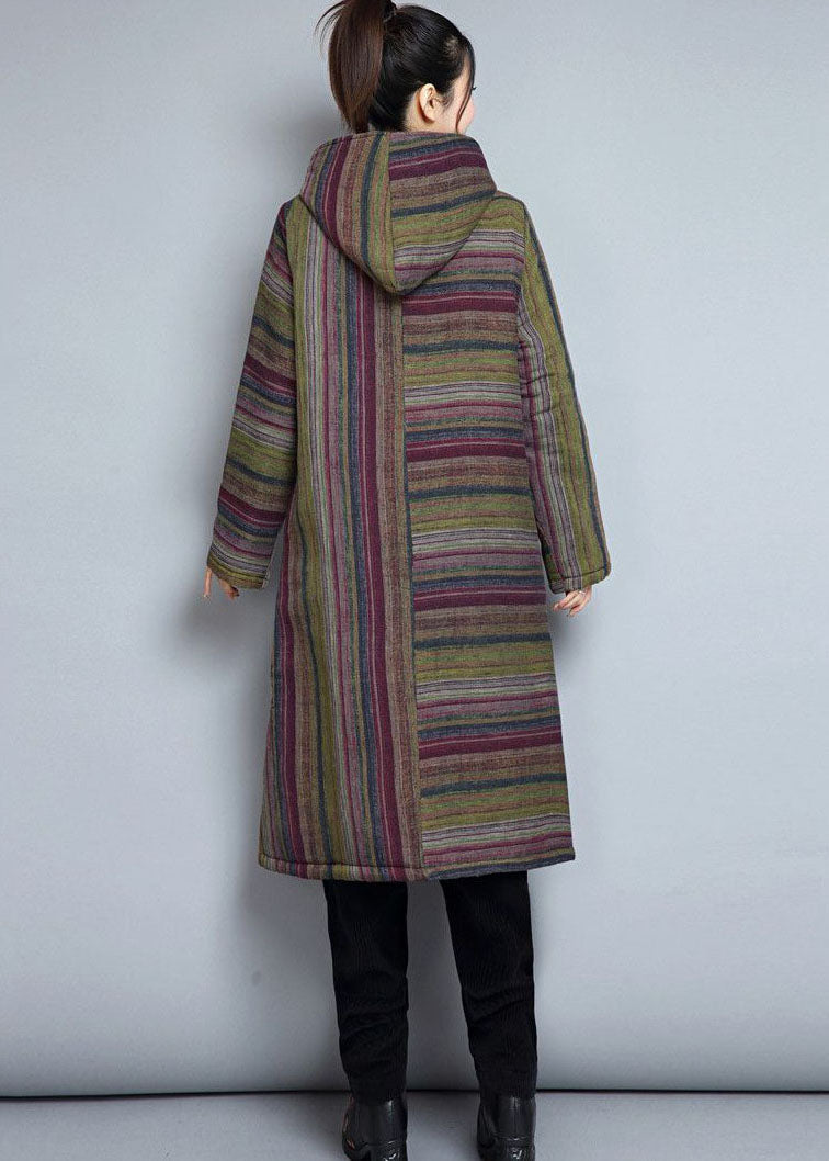 Women Khaki Hooded Pockets Striped Fine Cotton Filled Women Witner Coats - Down Jackets - DYAVOR®