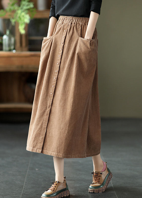 Women Khaki elastic waist button Pockets Corduroy Skirts Spring - Skirts - DYAVOR®