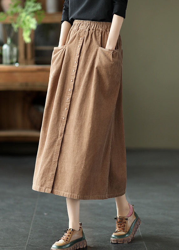 Women Khaki elastic waist button Pockets Corduroy Skirts Spring - Skirts - DYAVOR®
