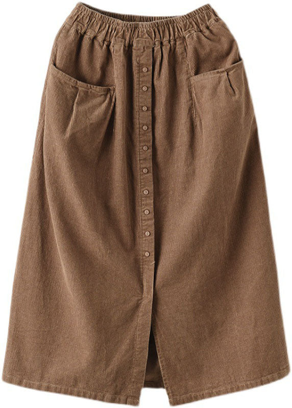 Women Khaki elastic waist button Pockets Corduroy Skirts Spring - Skirts - DYAVOR®