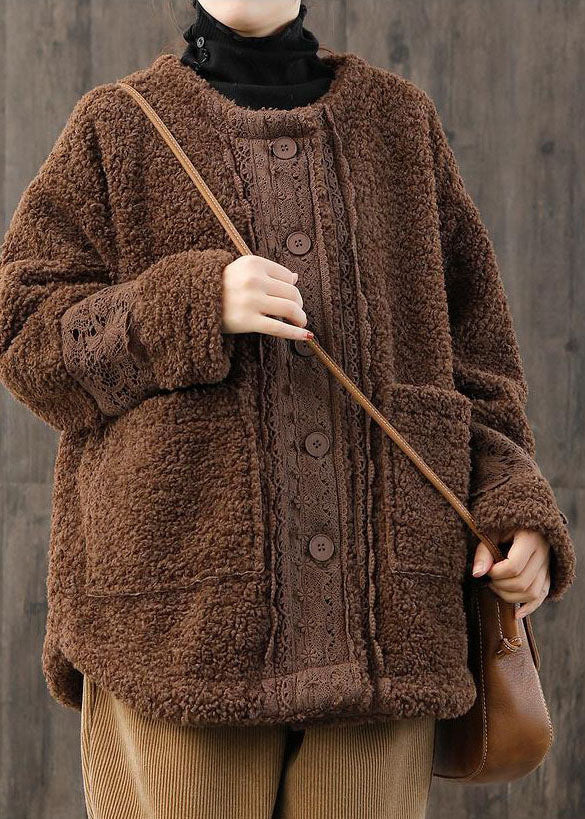 Women Light Blue O-Neck Oversized Lace Patchwork Teddy Faux Fur Coats Winter - Down Jackets - DYAVOR®