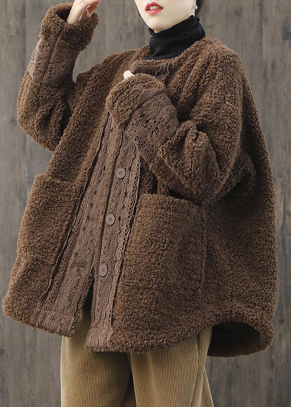 Women Light Blue O-Neck Oversized Lace Patchwork Teddy Faux Fur Coats Winter - Down Jackets - DYAVOR®