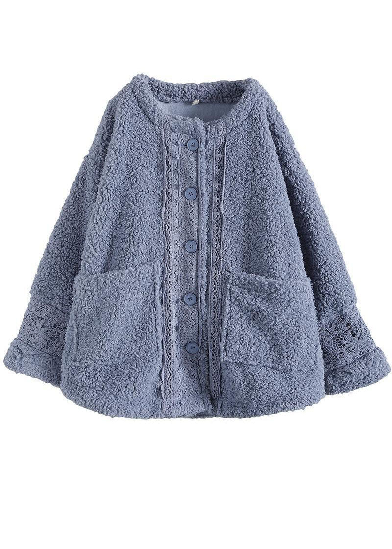 Women Light Blue O-Neck Oversized Lace Patchwork Teddy Faux Fur Coats Winter - Down Jackets - DYAVOR®