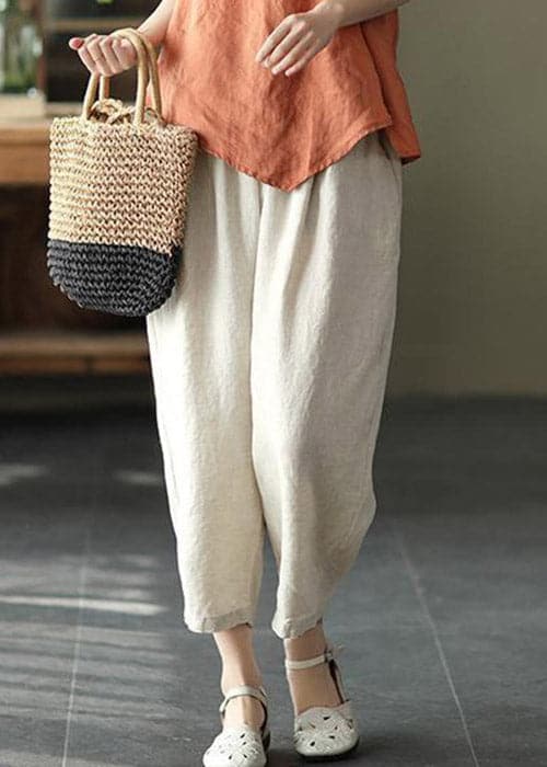 Women Linen Colour Drawstring Pockets Elastic Waist Linen Crop Pants Summer - Crop Pants - DYAVOR®