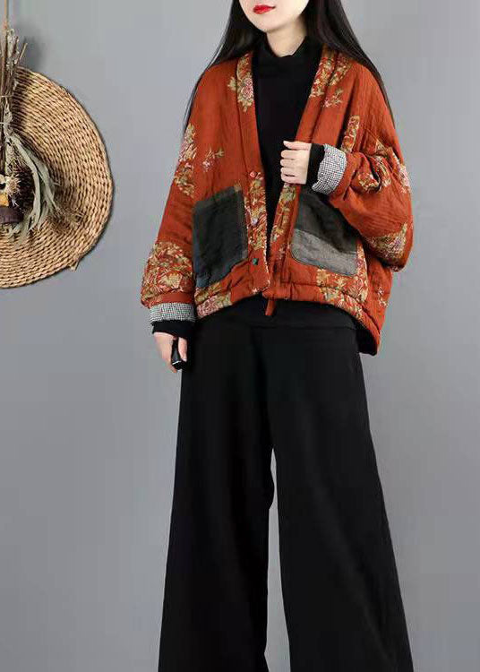 Women Orange V Neck Fine Cotton Filled Winter outwear - Down Jackets - DYAVOR®