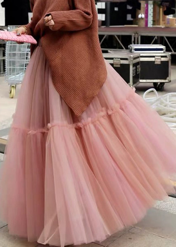 Women Pink High Waist Patchwork Pleated Tulle Fall Skirts - Skirts - DYAVOR®