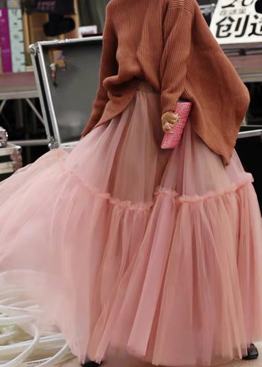 Women Pink High Waist Patchwork Pleated Tulle Fall Skirts - Skirts - DYAVOR®