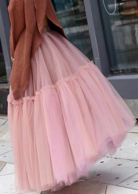 Women Pink High Waist Patchwork Pleated Tulle Fall Skirts - Skirts - DYAVOR®