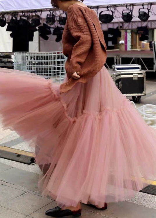 Women Pink High Waist Patchwork Pleated Tulle Fall Skirts - Skirts - DYAVOR®