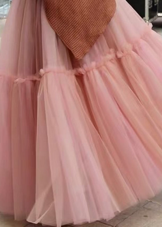 Women Pink High Waist Patchwork Pleated Tulle Fall Skirts - Skirts - DYAVOR®