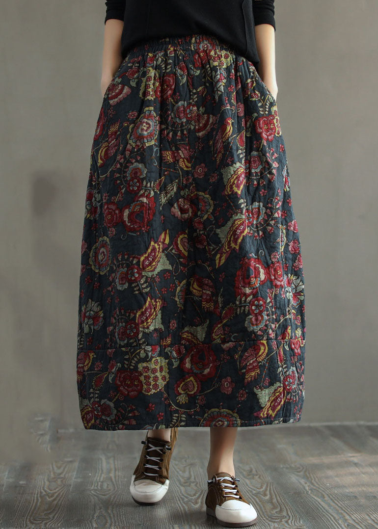 Women Red Elastic Waist Patchwork Print Fine Cotton Filled Skirt Winter - Skirts - DYAVOR®