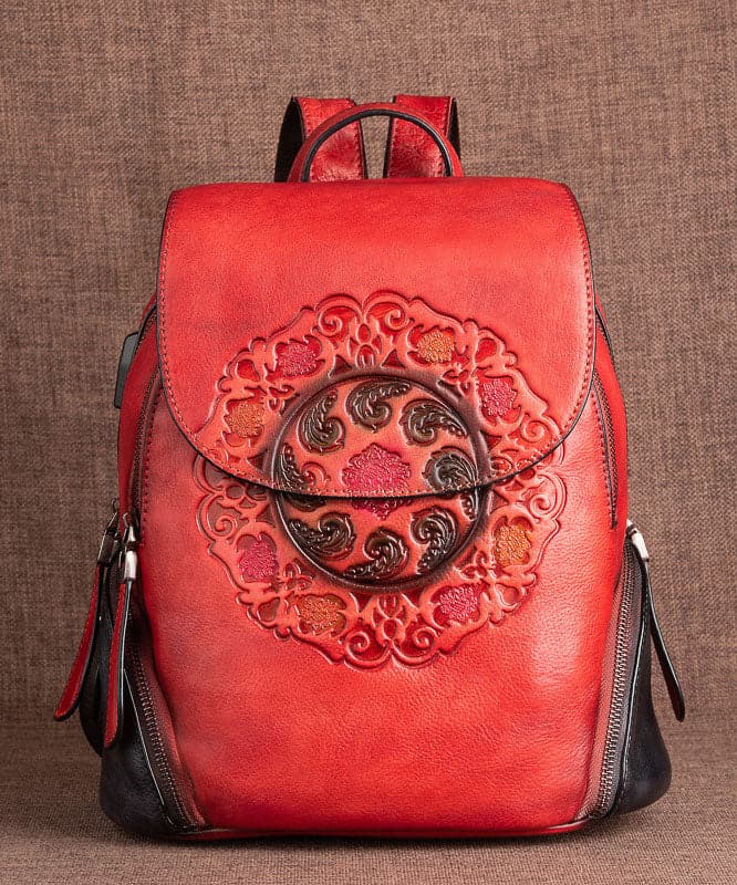 Women Red Embossing Paitings Calf Leather Backpack Bag - Backpack Bag - DYAVOR®