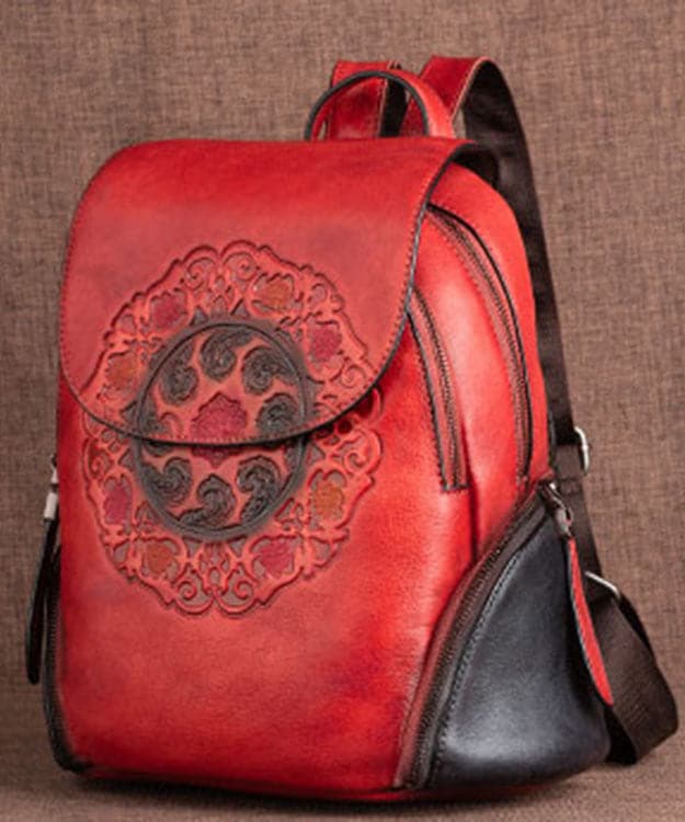 Women Red Embossing Paitings Calf Leather Backpack Bag - Backpack Bag - DYAVOR®